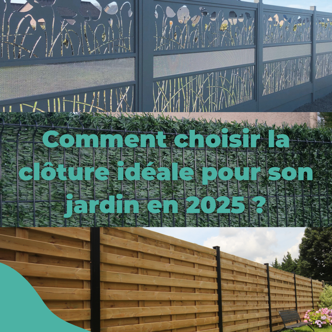 trois styles de clôtures pour un jardin : une clôture décorative en aluminium découpé, une haie artificielle sur grillage rigide, et une clôture en bois horizontal avec poteaux métalliques.
